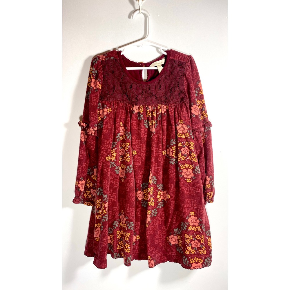 Matilda Jane Girls Burgundy Floral Lace Yoke Long Sleeve Dress Size 6 Boho